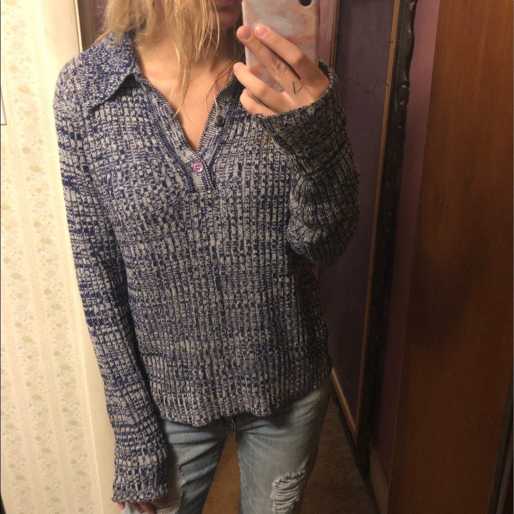Blue Knit Collared Button Oversized Sweater